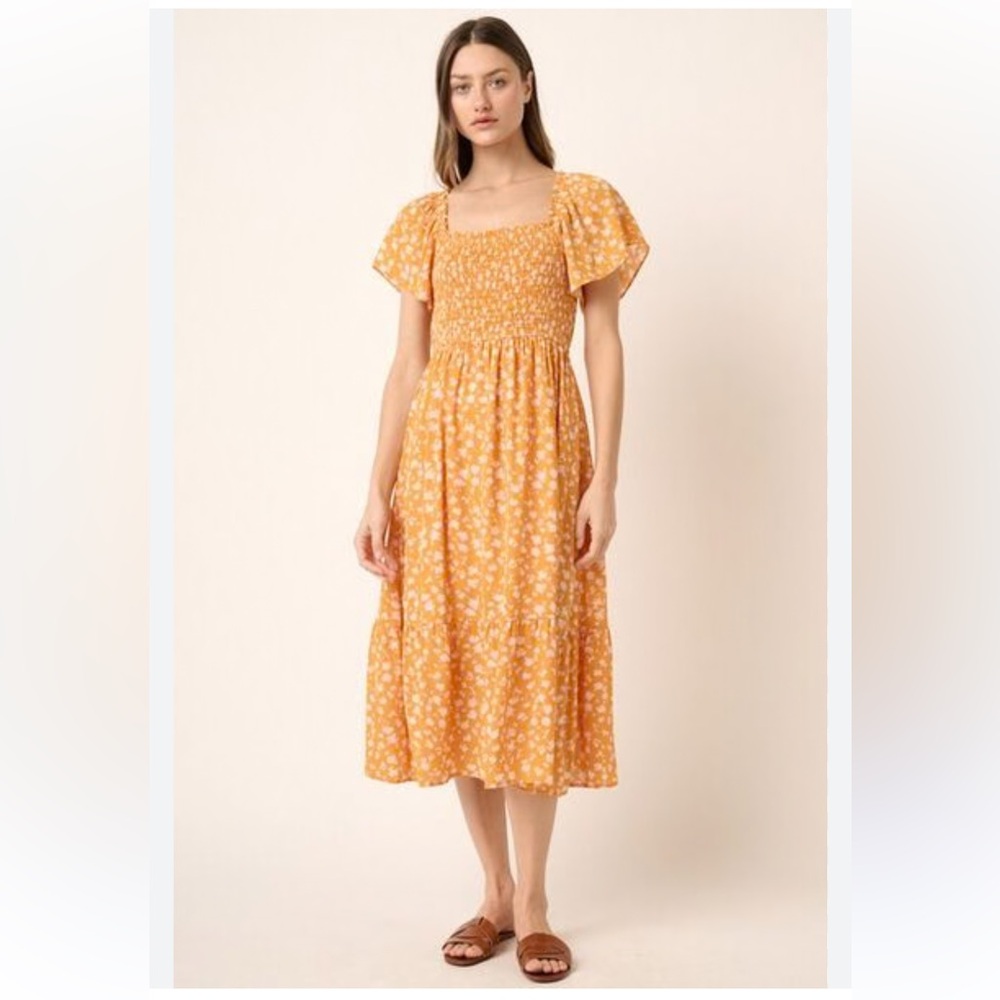 Mittoshop Flower Print Flutter Sleeve Smocked Midi Dress Women’s Medium